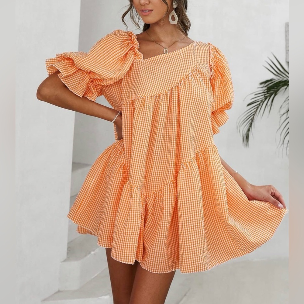 Women’s Orange Gingham Asymmetrical Puff-Sleeve Dress